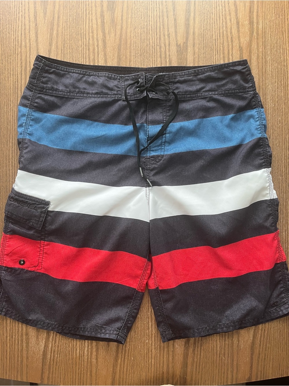 O’Neill Men's Black Striped Swim Boardshorts with Blue, White & Red size 33